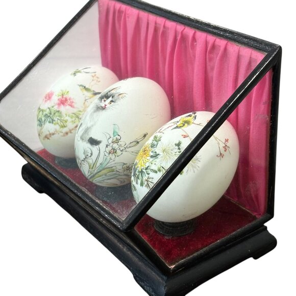 Hand-Painted Decorative Eggs In Glass Display Case With Pink Velvet Backdrop - Picture 4 of 4